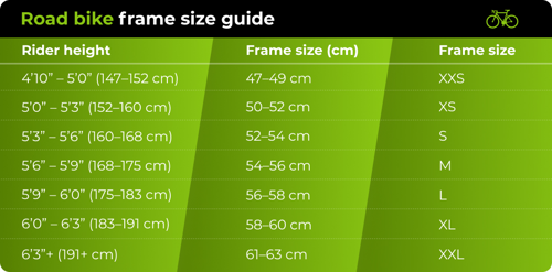 a table showing the frame size guide for road bikes