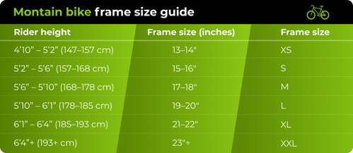a table showing mountain bike sizes based off the rider's height