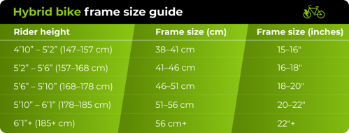 a table showing the sizes for hybrid bikes, depending on rider's height